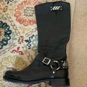 Knee High Black Frye Boots with Silver Adornments